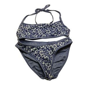 Vintage Y2K Hibiscus Floral Gingham Plaid Reversible Bikini Set Blue White XS